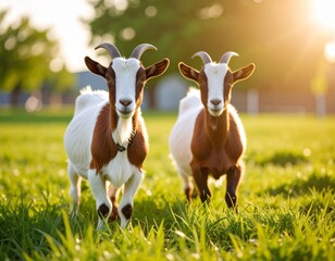 Obraz premium Healthy Brown and White Goat on Green Grass