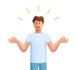 Smiling young man James standing with hands raised in a meditation or mindfulness gesture. Meditation, peace of mind, positive thinking concept. 3d vector people character. Cartoon minimal style.