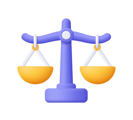Purple balance scales with yellow gold scale pans. Decision, justice and law concept. 3d vector icon. Cartoon minimal style.
