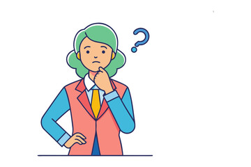 Contemplative Businesswoman: A thoughtfully illustrated businesswoman ponders a question, hand to chin, her expression conveying a mix of contemplation and decision-making.  