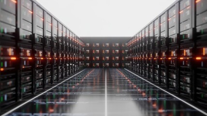 Modern server room with rows of blinking lights and reflective floor creating a futuristic data center environment