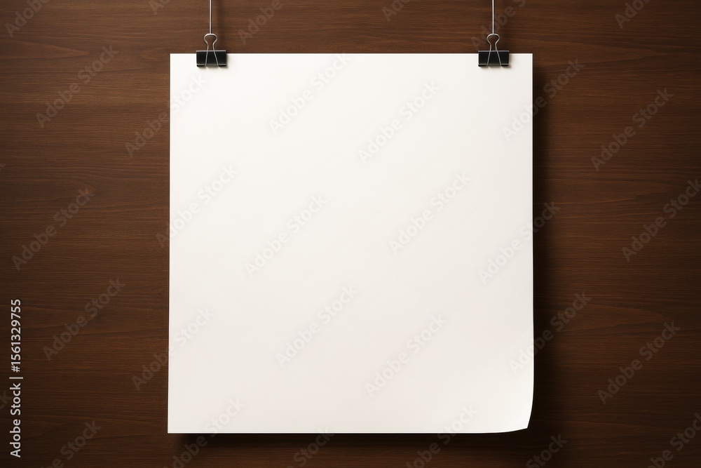 Poster blank white paper sheet hanging with clips on wooden wall background for poster mockup or design tem