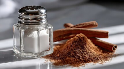 Salt shaker, cinnamon sticks, powder, kitchen, sunlight, baking, recipe, food photography