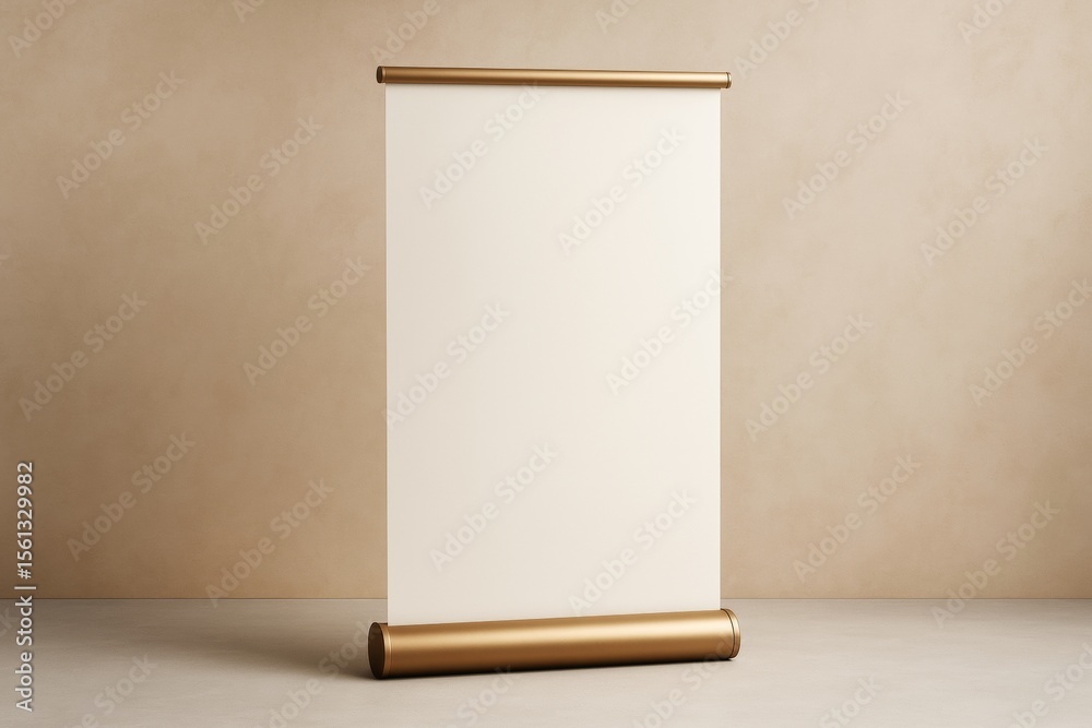 Poster Empty vertical banner mockup with golden frame on beige background for branding and promotional design concepts. Ai generative.