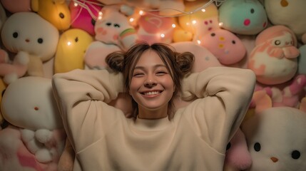 Smiling woman surrounded by colorful plush toys and fairy lights.