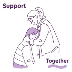 Illustration of a woman supporting another woman with the words support and together in purple color