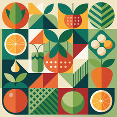 Abstract geometric pattern of farm food. Stylized poster with fruit and vegetables. Agriculture plants in cubism style. Contemporary art of healthy, natural, organic products. Flat vector illustration