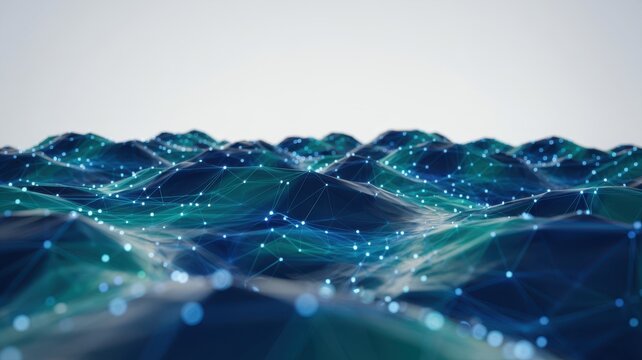 Abstract digital network mesh with glowing blue and teal nodes and lines creating a futuristic landscape