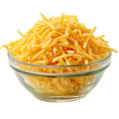 Heap of shredded cheddar cheese in a glass bowl isolated on transparent background