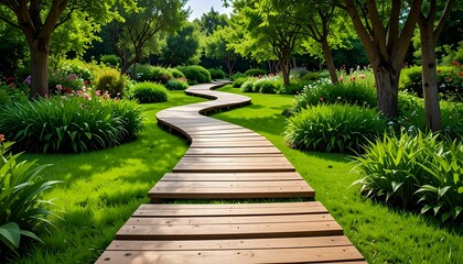 Obraz premium Wooden garden paths - walkways of natural wood planks among green grass and trees
