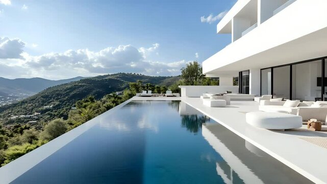Elegant white villa with infinity pool stretching toward distant hills, serene landscape and modern outdoor lounge setup