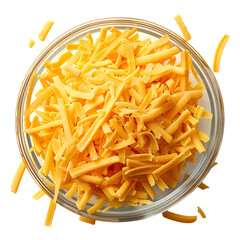 A clear glass bowl filled with shredded cheddar cheese isolated on transparent background