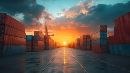 a dramatic sunset illuminates a busy container terminal showcasing the intricate network of global trade and logistics against the colorful twilight sky creating an evocative scene