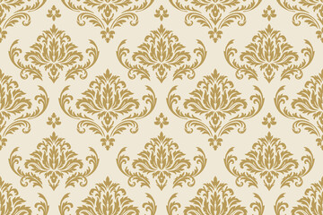 Elegant gold damask pattern on cream background, perfect for luxury wallpaper, fabric, and vintage designs with timeless classic style.