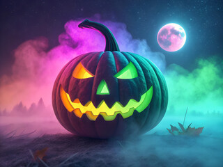 A high-impact digital artwork of a Jack-o'-lantern glowing with a striking neon gradient light, ideal for Halloween-themed posters and graphic design. The pumpkin is carved with a classic yet sharp-to