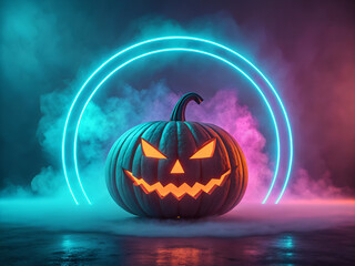 A high-impact digital artwork of a Jack-o'-lantern glowing with a striking neon gradient light, ideal for Halloween-themed posters and graphic design. The pumpkin is carved with a classic yet sharp-to