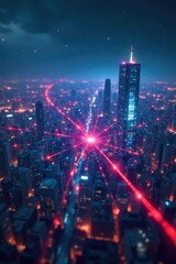 Fototapeta premium Futuristic Cityscape Vibrant Social Media Network Constellation - A Futuristic Backdrop Illustrating the Convergence of News and Social Interaction