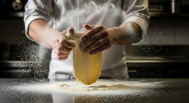 Chef expertly tossing and shaping fresh pasta dough, flour dusting the air.