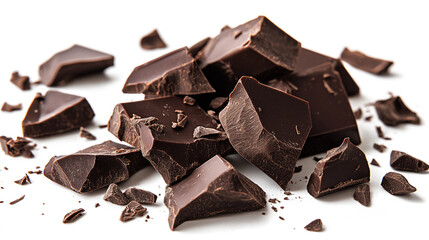 A pile of chocolate pieces with a white background