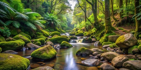 A tranquil stream meanders through a rugged rocky terrain with moss-covered boulders and ferns