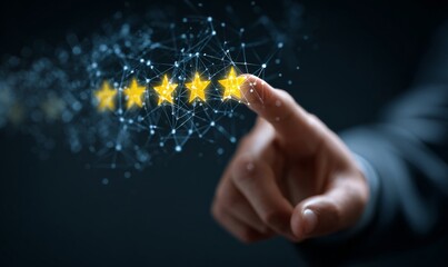 A hand touching glowing digital stars arranged in a row, representing a five-star rating system on a dark background.