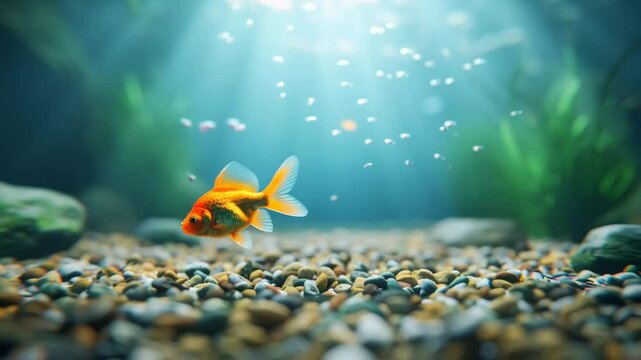 A Lone Goldfish Swimming Gracefully in a Beautifully Lit Aquarium with Bubbles and Aquatic Plants.