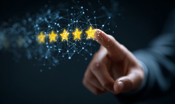 A hand touching glowing digital stars arranged in a row, representing a five-star rating system on a dark background. - Powered by Adobe