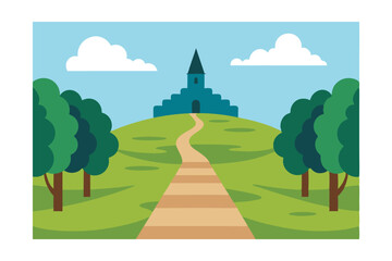 Fototapeta premium Serene Hilltop Church A Picturesque Path to Tranquility