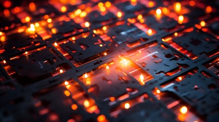 A sharp black grid with glowing red-orange sparks flashing across intersection points like electrical overloads.