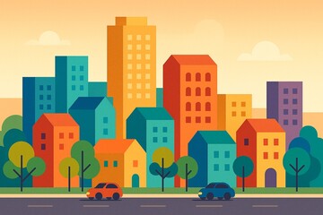 Obraz premium Colorful abstract cityscape with cars and buildings