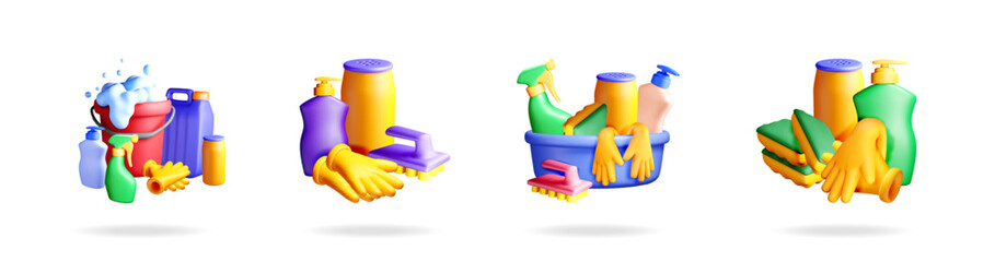 3d cartoon cleaning supplies with bucket and bottles. Housekeeping and home care concept. Collection for commercial graphic. © absent84