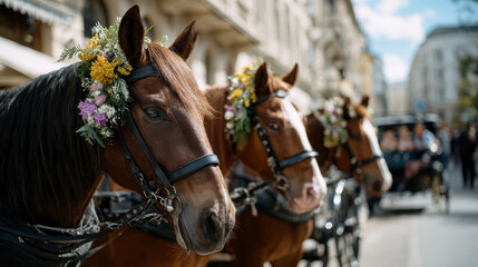 Obraz premium Horses adorned with flowers stand proudly in festive atmosphere, showcasing spirit of oktoberfest and celebration in city