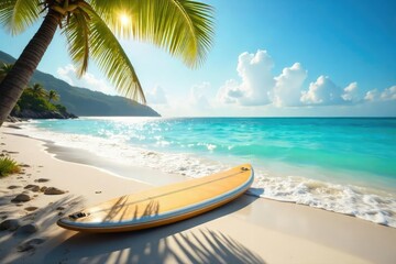 Tranquil Summer Beach Scene Lone Surfboard on Sun-Drenched Waterfront, Gentle Waves Lap Shore, Peaceful Relaxation