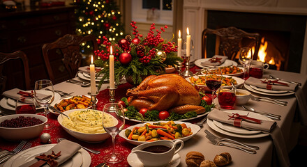 Fototapeta premium A lavish Christmas dinner table, complete with roasted turkey, side dishes, and festive decorations, set before a crackling fireplace.