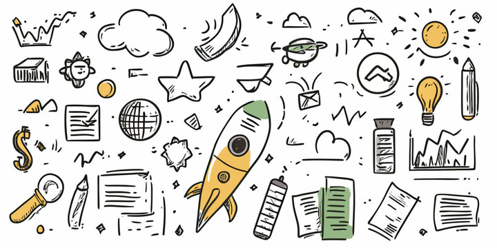 Hand drawn business doodle icons with rocket startup, growth charts, documents, money symbols, light bulb, clouds, and global finance symbols in minimalist style vector illustration