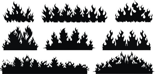 Black Silhouette Fire Flames Set – Vector Burning Flame Icons Collection,Silhouette Fire flames,Fire flame icon,set vector icons,Set of black fire silhouettes flames,fire symbol vector elements,Ai