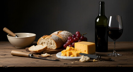 Rustic still life featuring artisan bread, cheddar cheese, red grapes, and a bottle of red wine, elegantly arranged on a wooden table.