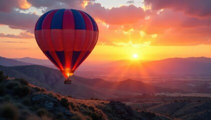 Obraz premium Majestic Hot Air Balloon Sunrise Ascent Serene Landscape, Vibrant Colors, Inspiring Scene