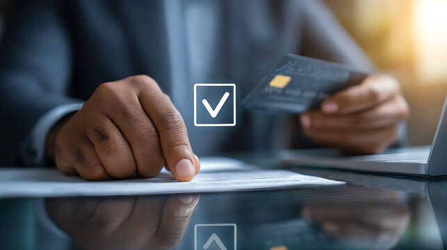 Online transaction approval with credit card and laptop business man confirming payment with check mark digital payment online shopping and internet banking concept