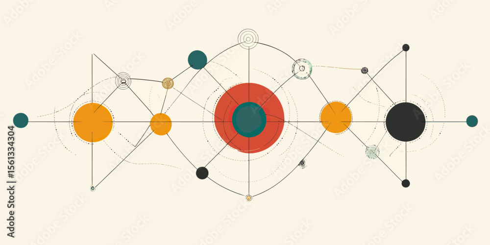 Poster abstract geometric interconnected circles and nodes network with lines and shapes representing digit