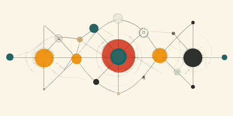 Abstract geometric interconnected circles and nodes network with lines and shapes representing digital technology communication and connection concept in minimalist flat style vector design