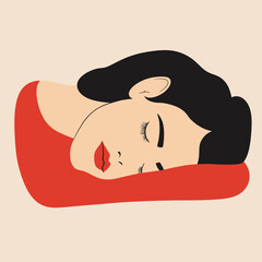Minimalist flat vector illustration of peaceful sleeping woman with black hair and red lips resting on red arm against beige background