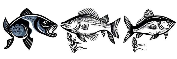 Set of three stylized bass fish illustrations in black and gray with aquatic plants in minimalist flat vector style suitable for fishing and nature themes