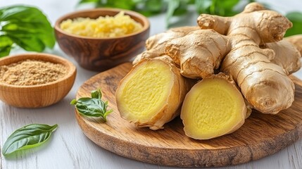 Fresh ginger root, grated ginger, and ginger powder on wooden board.