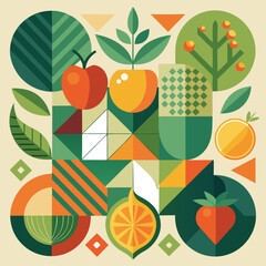 Abstract geometric pattern of farm food. Stylized poster with fruit and vegetables. Agriculture plants in cubism style. Contemporary art of healthy, natural, organic products. Flat vector illustration