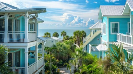 Fototapeta premium Coastal Florida beach houses with palm trees and ocean view