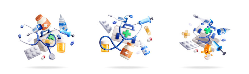 3d medical items set. First aid kit with stethoscope, pills, bandage, syringe, and thermometer for health care banners.