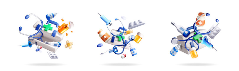 3d medical items set for health and care. Pharmacy, clinic, and first aid for infographics. 3d stock vector illustration.