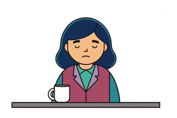Tired Office Worker: A young woman sits at a desk, eyes cast down, a mug of coffee beside her, conveying feelings of exhaustion and stress in a minimalist illustration. 