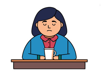 Contemplative Pause: A figure in a minimalist art style sits, engrossed in deep reflection, with a steaming mug and gentle closed eyes, on a smooth tabletop.